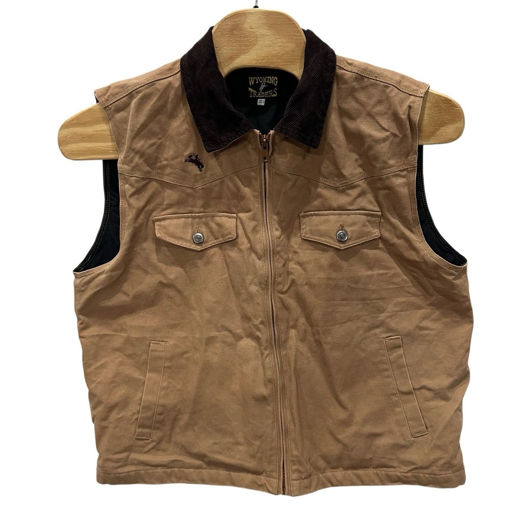 Wyoming Traders Vest Mens XL‎ Brown Canvas Quilted Corduroy Collar Western Gorp